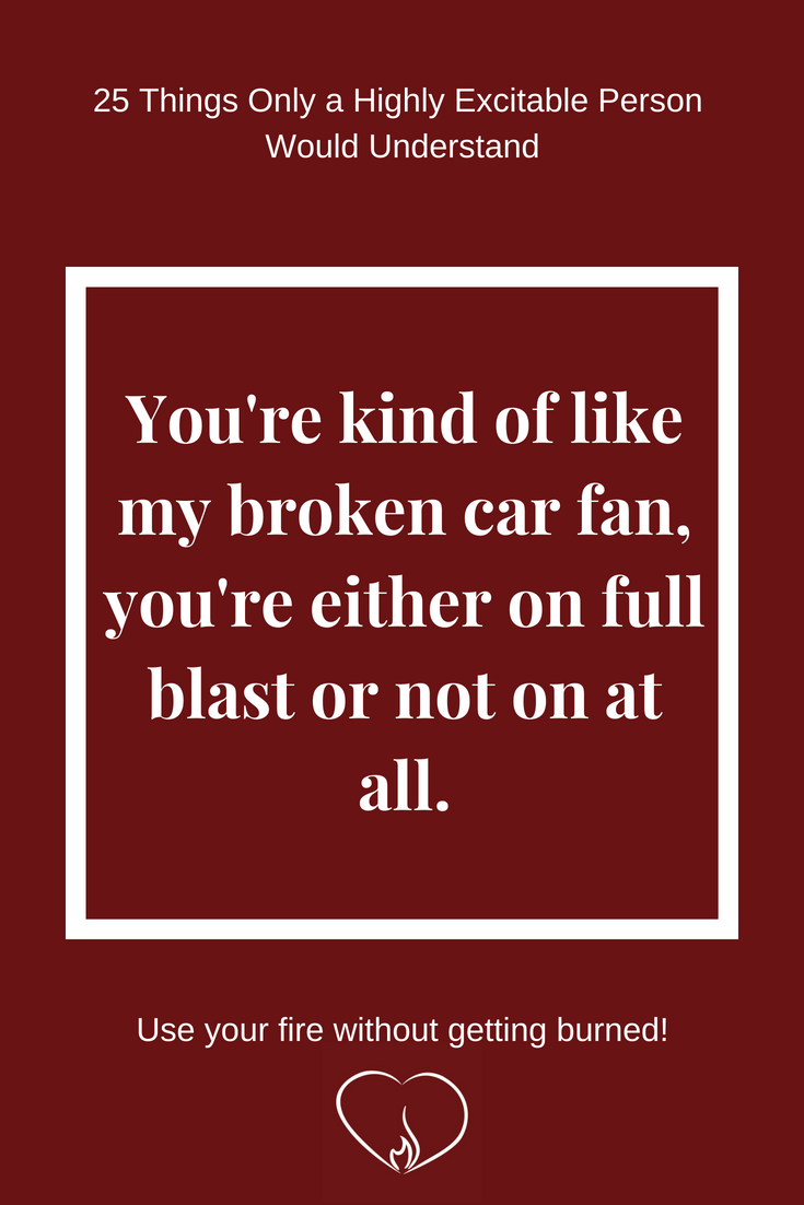 You're kind of like my broken car fan, you're either on full blast or not at all. ~ 25 Things Only a Highly Excitable Person Would Understand